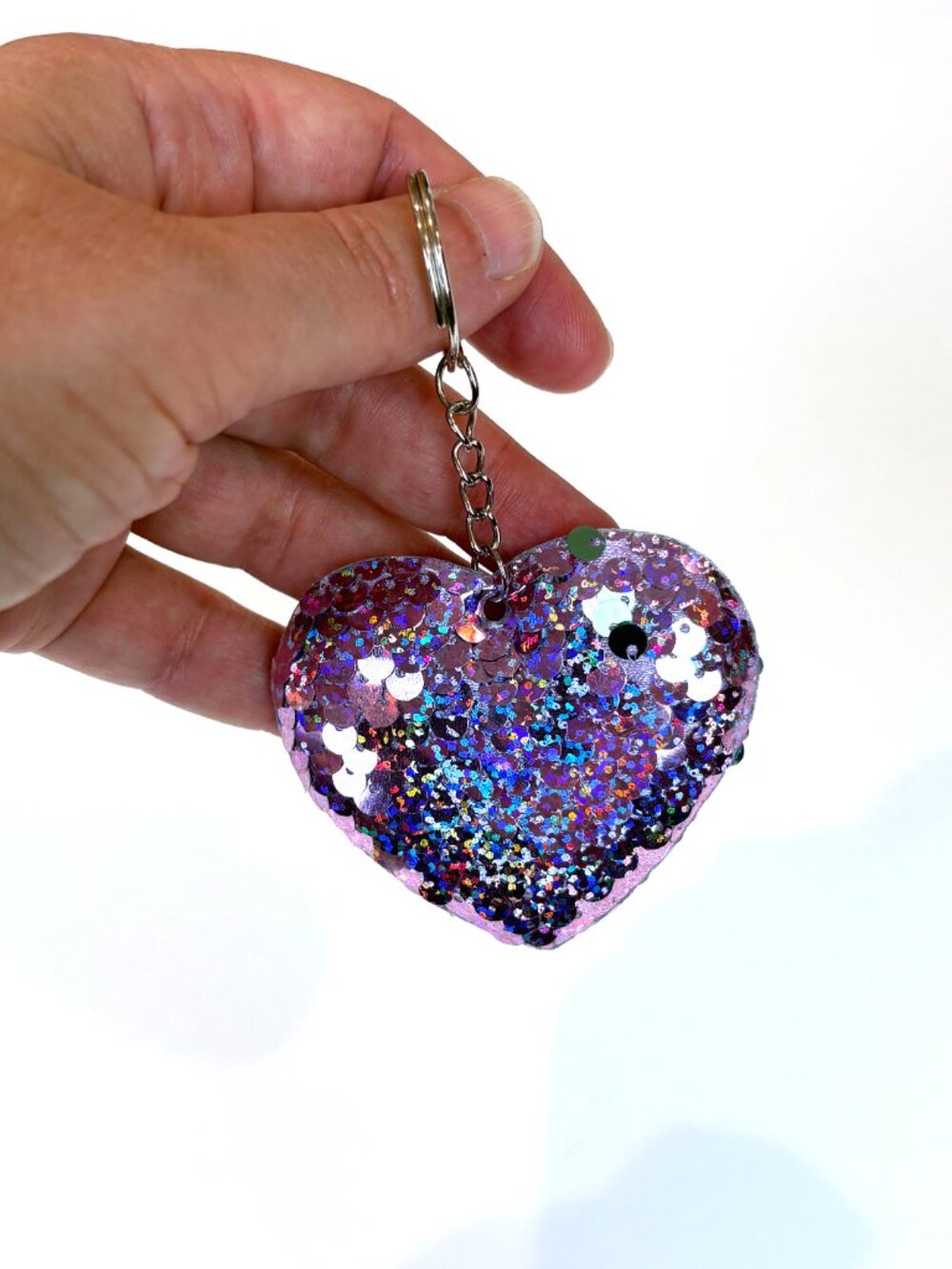 Stylish pink purple sequin heart keychain bag charm. New - Picture 2 of 9